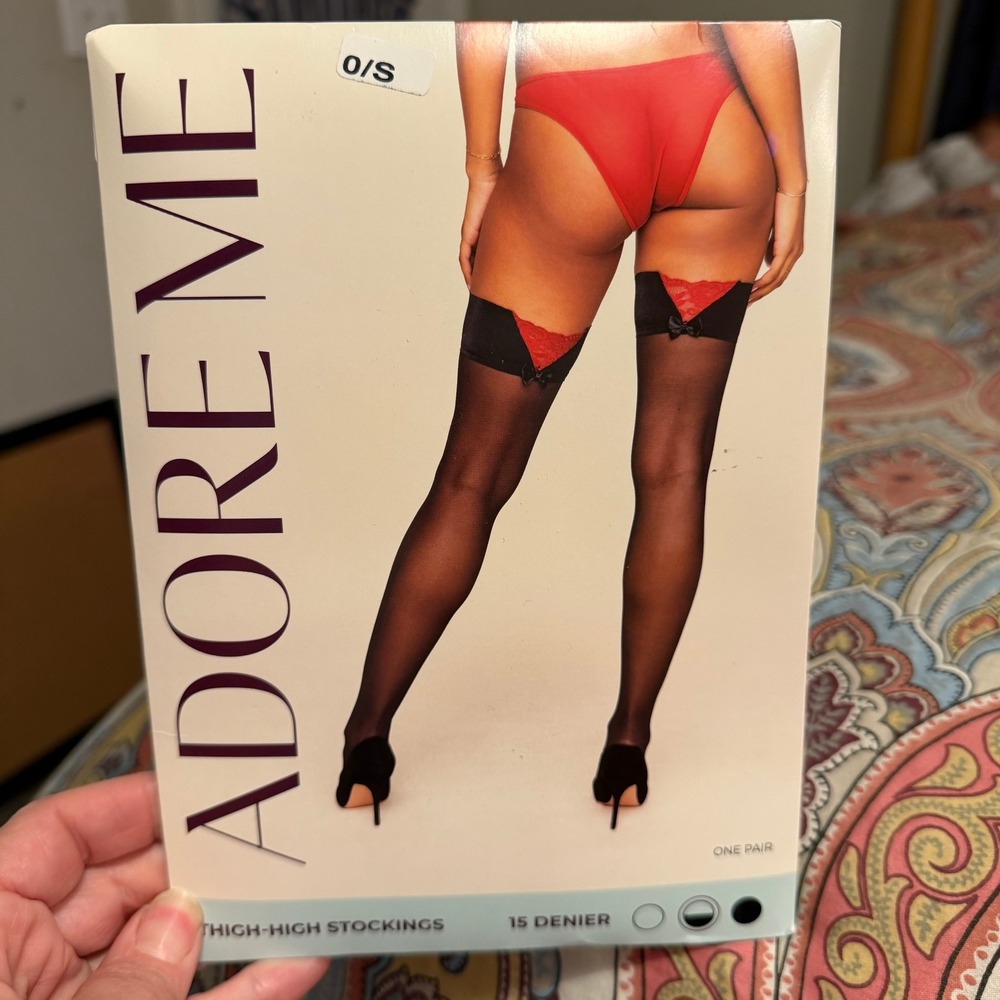 Adore Me Black Thigh High Stockings‎ Red Lace Bow 15 Denier O/S NIB